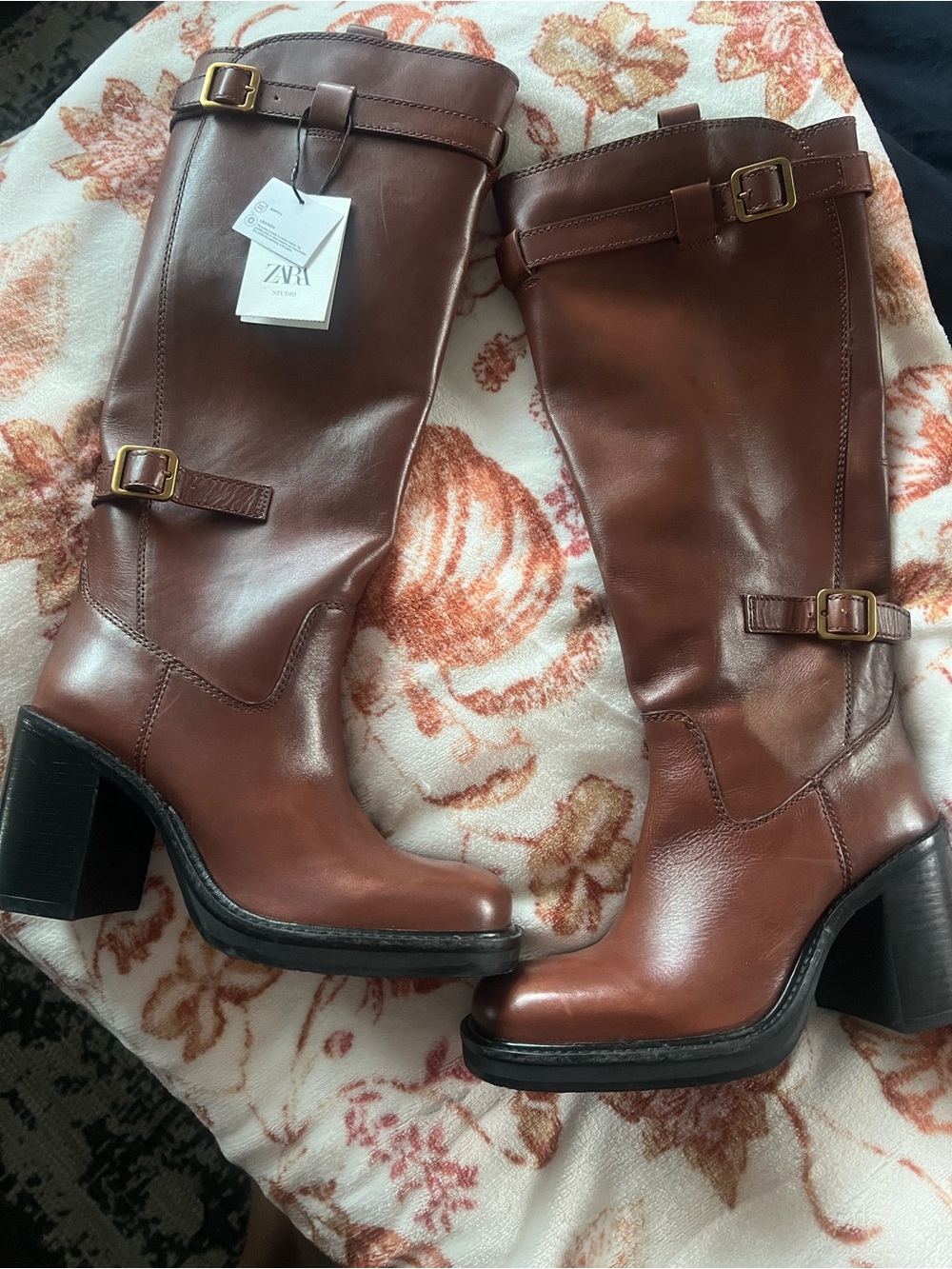 Zara Chestnut Brown Leather Knee-High Buckle Heeled Boots